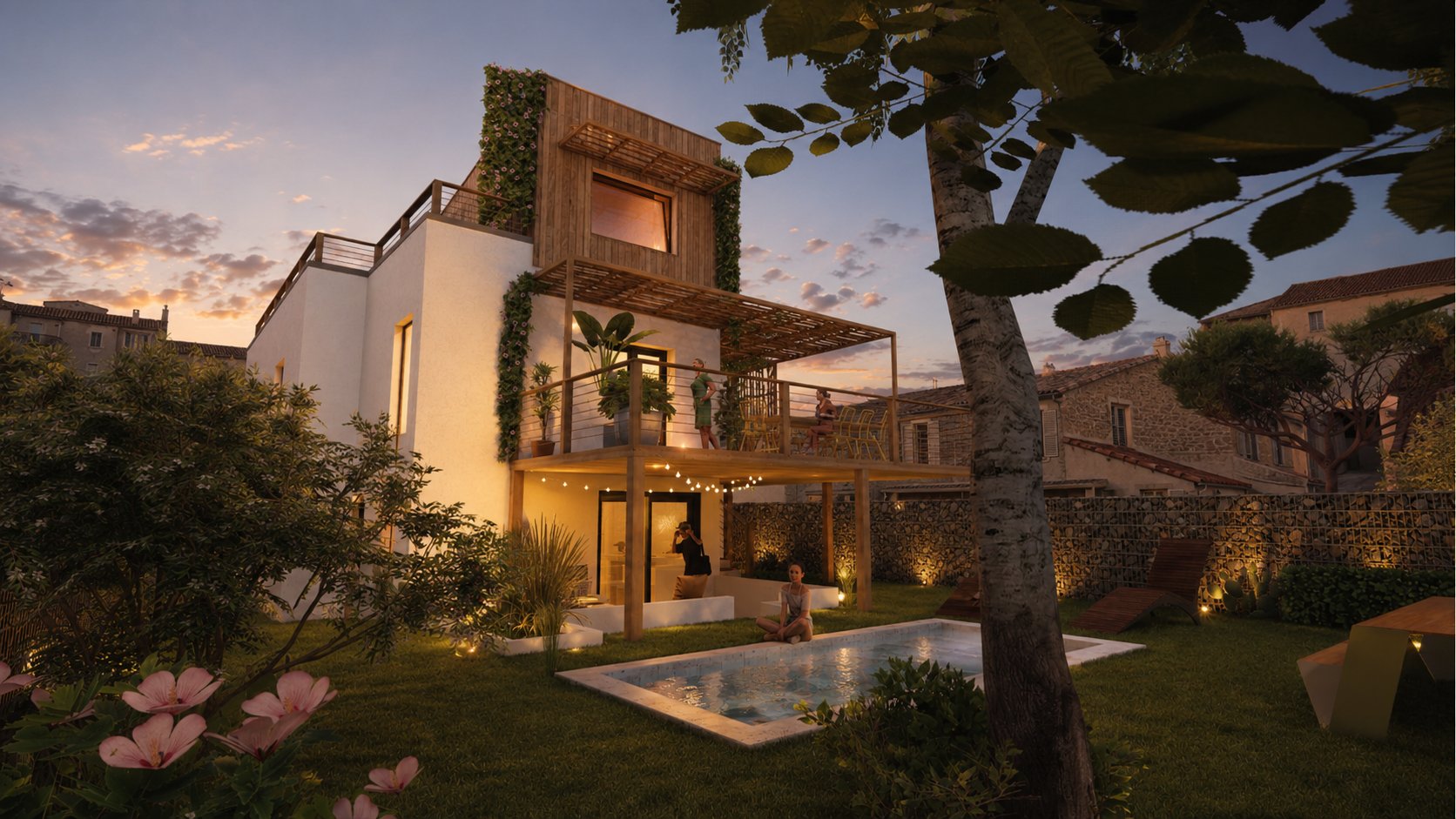 Villa individuelle contemporaine au crépuscule